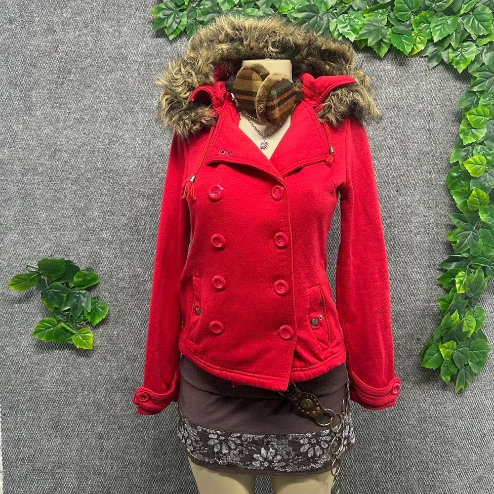 Wet Seal Red Faux Fur Hooded Peacoat Jacket